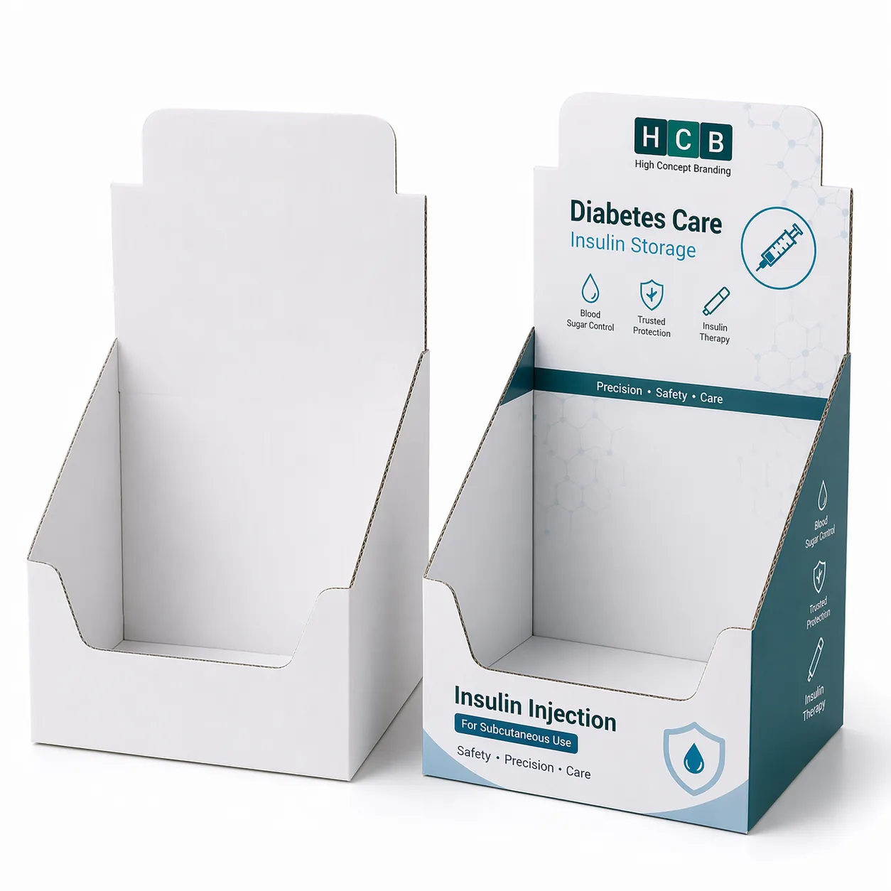 Two cardboard counter display boxes filled with insulin pens, featuring a branded upright back panel. class=